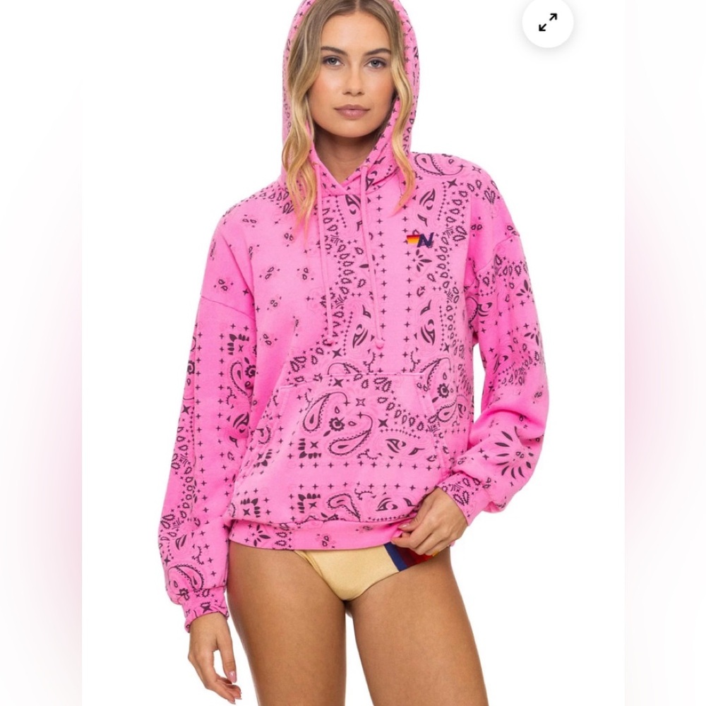 Aviator Nation Bandana Relaxed Pullover Hoodie. Neon pink and black.